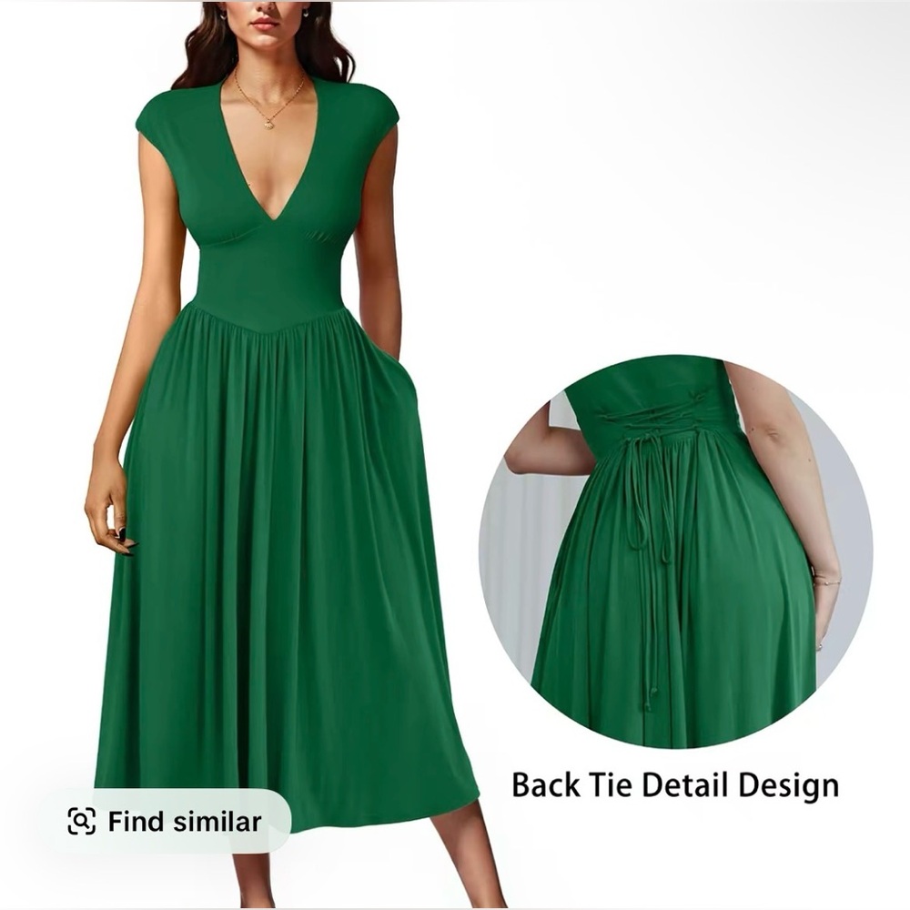 OYS Women's Deep V Neck Cap Sleeve Pleated Swing A Line Midi Dress